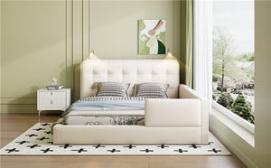 English Elm Queen PU Leather Upholstered Platform Bed with Built-In Dual Reading Lights and Sturdy 600lb Capacity White SF000186AAK