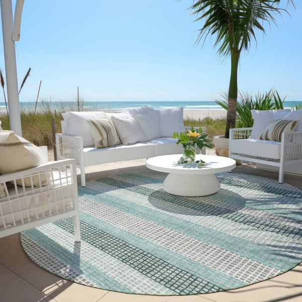 HomeRoots 5' Coastal Striped Teal Blue and Ivory Area Rug – Durable, Machine-Washable for Indoor & Outdoor Use 8' Round 628886