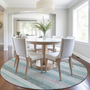 HomeRoots 5' Coastal Striped Teal Blue and Ivory Area Rug – Durable, Machine-Washable for Indoor & Outdoor Use 8' Round 628886