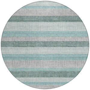HomeRoots 5' Coastal Striped Teal Blue and Ivory Area Rug – Durable, Machine-Washable for Indoor & Outdoor Use 8' Round 628886