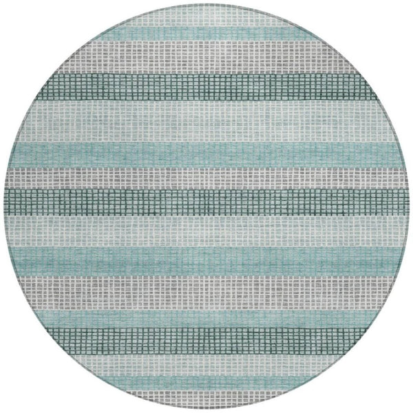 HomeRoots 5' Coastal Striped Teal Blue and Ivory Area Rug – Durable, Machine-Washable for Indoor & Outdoor Use 8' Round 628886