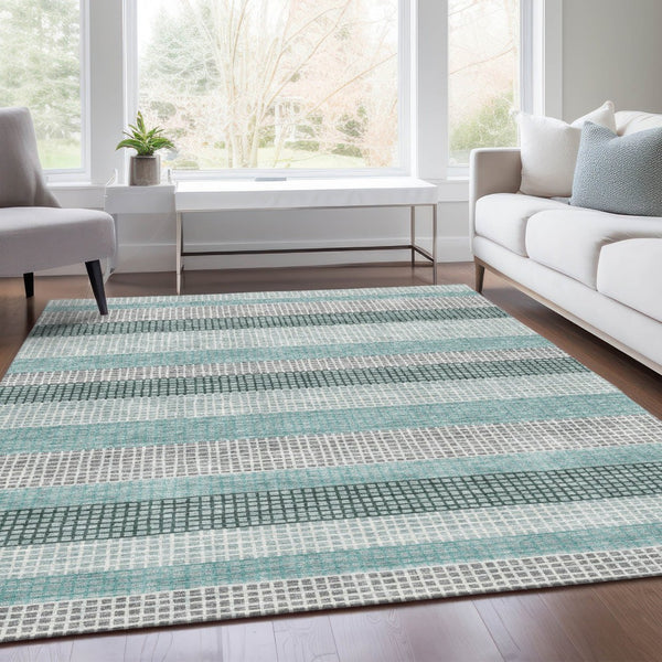 HomeRoots 5' Coastal Striped Teal Blue and Ivory Area Rug – Durable, Machine-Washable for Indoor & Outdoor Use 8' X 10' 628887