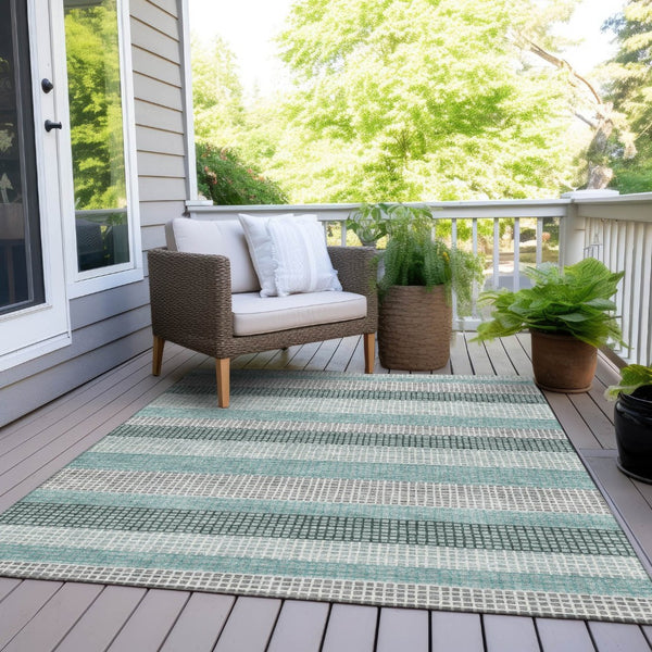 HomeRoots 5' Coastal Striped Teal Blue and Ivory Area Rug – Durable, Machine-Washable for Indoor & Outdoor Use 8' X 10' 628887