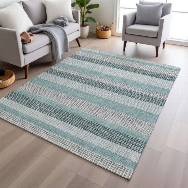 HomeRoots 5' Coastal Striped Teal Blue and Ivory Area Rug – Durable, Machine-Washable for Indoor & Outdoor Use 9' X 12' 628888
