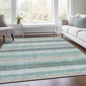 HomeRoots 5' Coastal Striped Teal Blue and Ivory Area Rug – Durable, Machine-Washable for Indoor & Outdoor Use 9' X 12' 628888