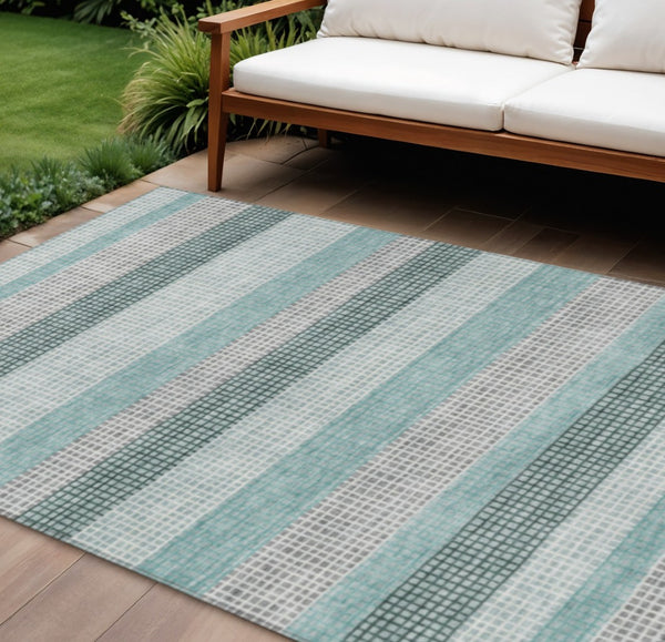 HomeRoots 5' Coastal Striped Teal Blue and Ivory Area Rug – Durable, Machine-Washable for Indoor & Outdoor Use 10' X 14' 628889