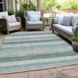 HomeRoots 5' Coastal Striped Teal Blue and Ivory Area Rug – Durable, Machine-Washable for Indoor & Outdoor Use 10' X 14' 628889
