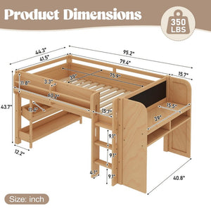 English Elm Twin Low Loft Bed Solid Pine Frame Kids Study Desk Blackboard Storage White W1580S00574