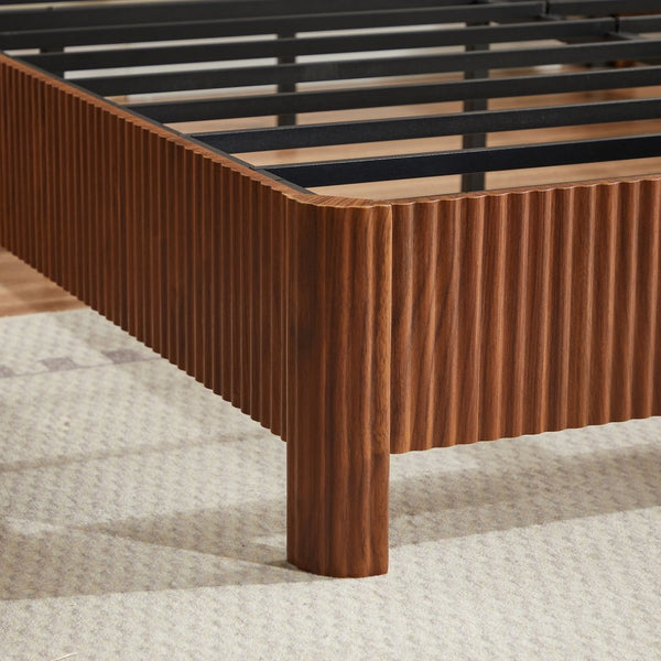 English Elm Queen Walnut Platform Bed Sculptural Corrugated Headboard No Box Spring Required W1820P414053