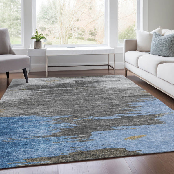 HomeRoots 5' Denim Blue and Gray Abstract Area Rug - Stylish, Washable, Durable for Indoor and Outdoor Spaces 5' X 8' 628933