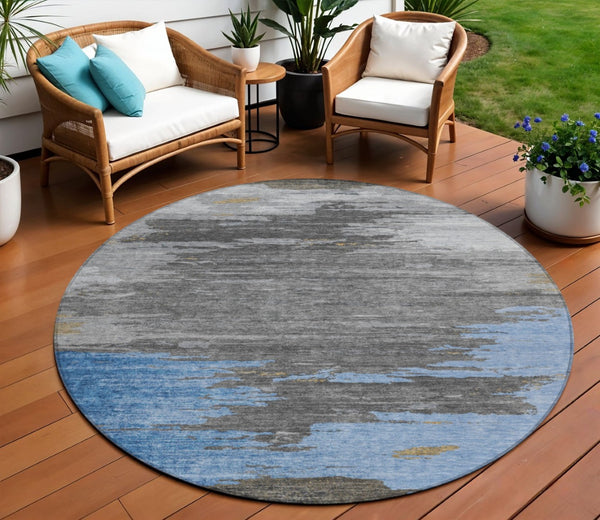 HomeRoots 5' Denim Blue and Gray Abstract Area Rug - Stylish, Washable, Durable for Indoor and Outdoor Spaces 8' Round 628934