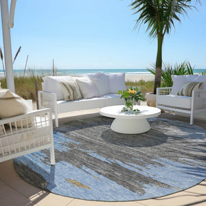 HomeRoots 5' Denim Blue and Gray Abstract Area Rug - Stylish, Washable, Durable for Indoor and Outdoor Spaces 8' Round 628934