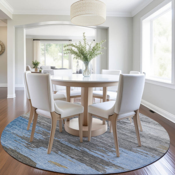 HomeRoots 5' Denim Blue and Gray Abstract Area Rug - Stylish, Washable, Durable for Indoor and Outdoor Spaces 8' Round 628934