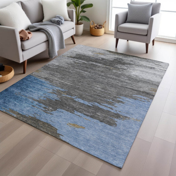 HomeRoots 5' Denim Blue and Gray Abstract Area Rug - Stylish, Washable, Durable for Indoor and Outdoor Spaces 10' X 14' 628937