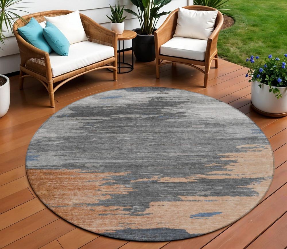 HomeRoots 5' Stylish Rust and Gray Abstract Area Rug - Washable, Durable, Indoor/Outdoor Versatile Design 8' Round 628946