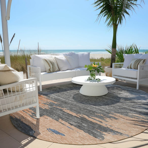 HomeRoots 5' Stylish Rust and Gray Abstract Area Rug - Washable, Durable, Indoor/Outdoor Versatile Design 8' Round 628946
