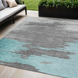 HomeRoots 5' Teal Blue and Gray Abstract Indoor Outdoor Area Rug – Durable, Washable, Contemporary Style for Any Space 5' X 8' 628951