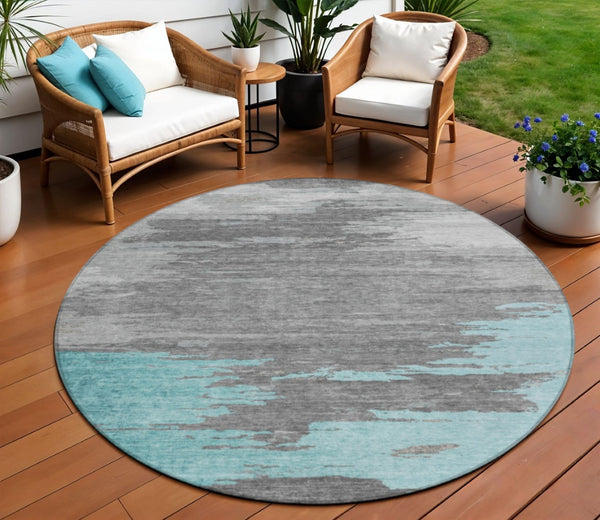 HomeRoots 5' Teal Blue and Gray Abstract Indoor Outdoor Area Rug – Durable, Washable, Contemporary Style for Any Space 8' Round 628952