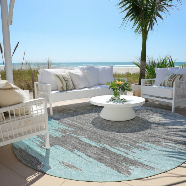 HomeRoots 5' Teal Blue and Gray Abstract Indoor Outdoor Area Rug – Durable, Washable, Contemporary Style for Any Space 8' Round 628952