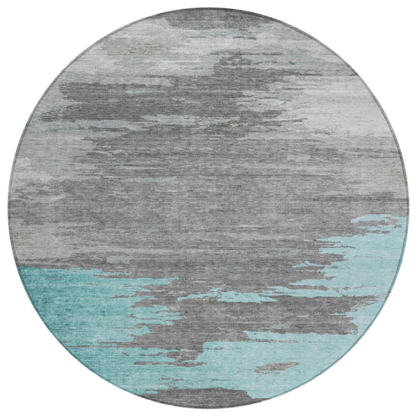 HomeRoots 5' Teal Blue and Gray Abstract Indoor Outdoor Area Rug – Durable, Washable, Contemporary Style for Any Space 8' Round 628952