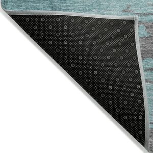 HomeRoots 5' Teal Blue and Gray Abstract Indoor Outdoor Area Rug – Durable, Washable, Contemporary Style for Any Space 8' Round 628952