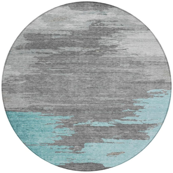 HomeRoots 5' Teal Blue and Gray Abstract Indoor Outdoor Area Rug – Durable, Washable, Contemporary Style for Any Space 8' Round 628952