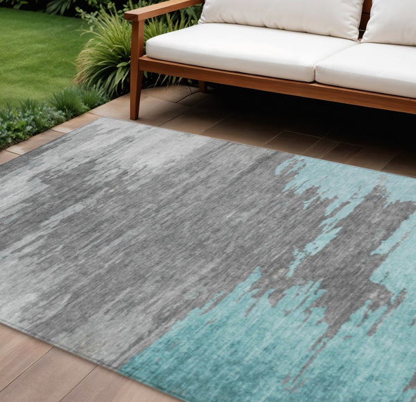 HomeRoots 5' Teal Blue and Gray Abstract Indoor Outdoor Area Rug – Durable, Washable, Contemporary Style for Any Space 9' X 12' 628954