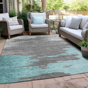 HomeRoots 5' Teal Blue and Gray Abstract Indoor Outdoor Area Rug – Durable, Washable, Contemporary Style for Any Space 9' X 12' 628954