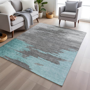 HomeRoots 5' Teal Blue and Gray Abstract Indoor Outdoor Area Rug – Durable, Washable, Contemporary Style for Any Space 9' X 12' 628954
