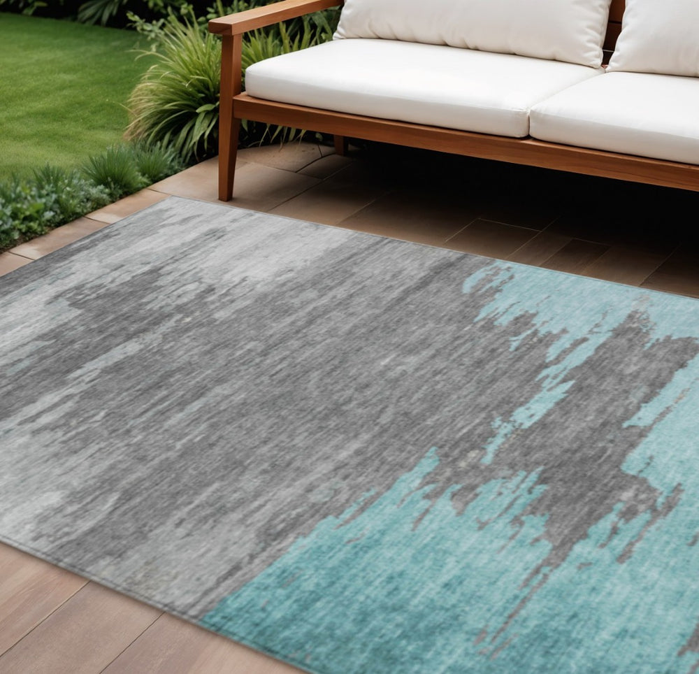 HomeRoots 5' Teal Blue and Gray Abstract Indoor Outdoor Area Rug – Durable, Washable, Contemporary Style for Any Space 10' X 14' 628955
