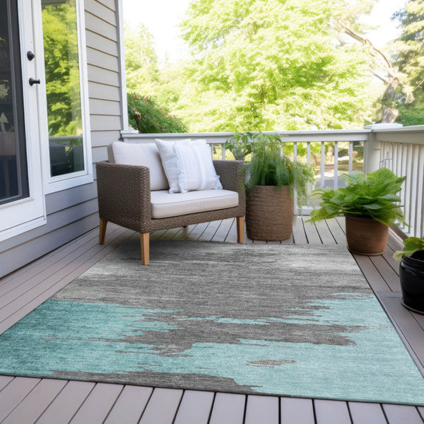 HomeRoots 5' Teal Blue and Gray Abstract Indoor Outdoor Area Rug – Durable, Washable, Contemporary Style for Any Space 10' X 14' 628955