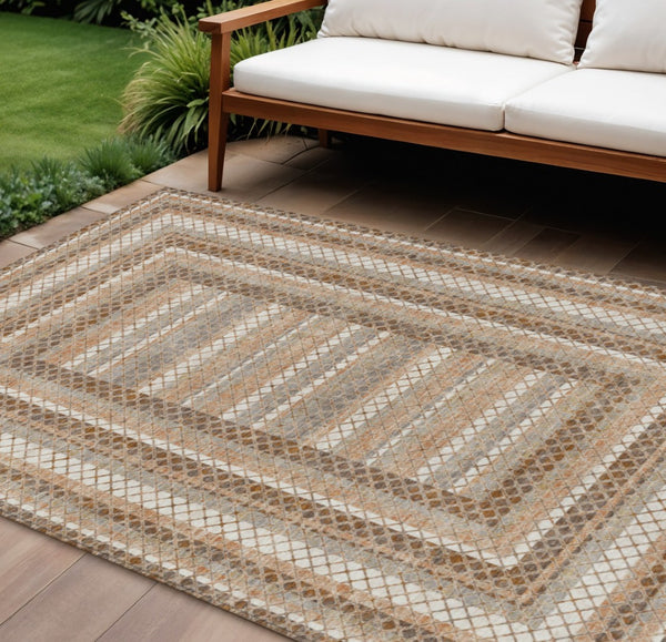 HomeRoots 5' Geometric Chocolate and Beige Area Rug - Stylish, Washable Design for Indoor and Outdoor Spaces 9' X 12' 628966