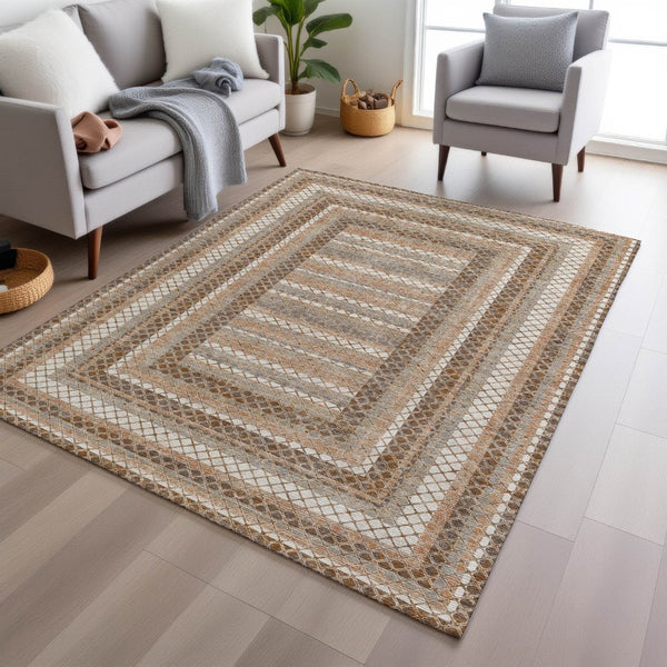 HomeRoots 5' Geometric Chocolate and Beige Area Rug - Stylish, Washable Design for Indoor and Outdoor Spaces 10' X 14' 628967