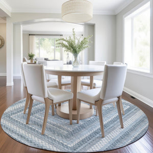 HomeRoots 5' Denim Blue and Ivory Geometric Area Rug - Stylish, Washable, Indoor/Outdoor Versatile Design 8' Round 628970