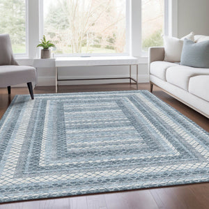 HomeRoots 5' Denim Blue and Ivory Geometric Area Rug - Stylish, Washable, Indoor/Outdoor Versatile Design 9' X 12' 628972
