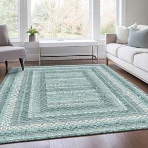 HomeRoots 5' Contemporary Teal Blue and Ivory Geometric Washable Area Rug for Indoor and Outdoor Spaces 5' X 8' 628981
