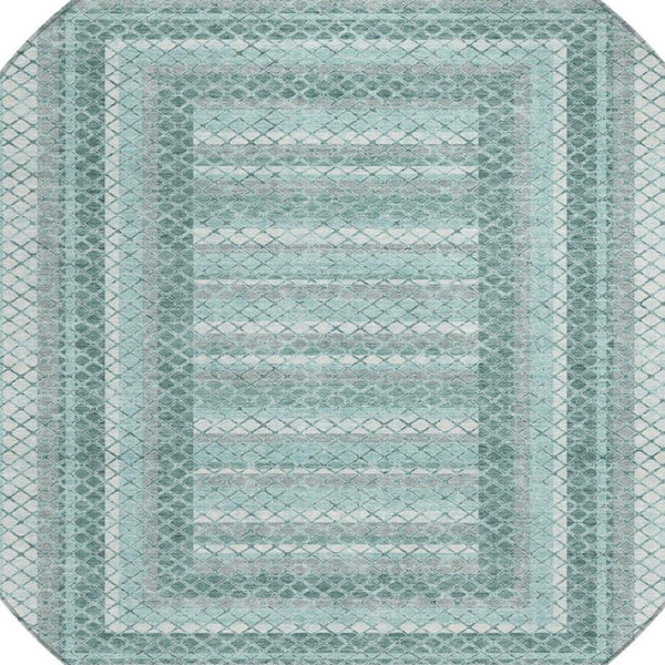 HomeRoots 5' Contemporary Teal Blue and Ivory Geometric Washable Area Rug for Indoor and Outdoor Spaces 8' Round 628982