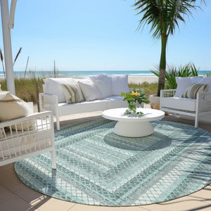 HomeRoots 5' Contemporary Teal Blue and Ivory Geometric Washable Area Rug for Indoor and Outdoor Spaces 8' Round 628982