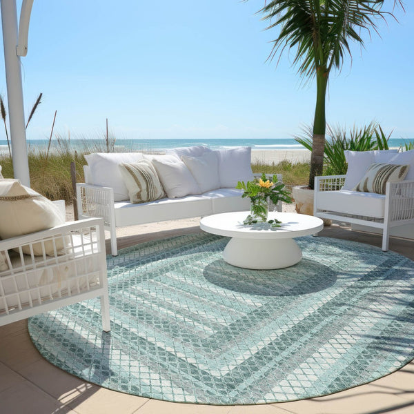 HomeRoots 5' Contemporary Teal Blue and Ivory Geometric Washable Area Rug for Indoor and Outdoor Spaces 8' Round 628982