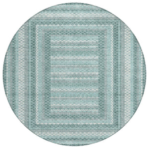 HomeRoots 5' Contemporary Teal Blue and Ivory Geometric Washable Area Rug for Indoor and Outdoor Spaces 8' Round 628982