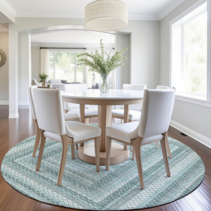 HomeRoots 5' Contemporary Teal Blue and Ivory Geometric Washable Area Rug for Indoor and Outdoor Spaces 8' Round 628982