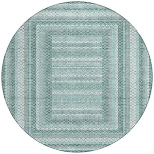 HomeRoots 5' Contemporary Teal Blue and Ivory Geometric Washable Area Rug for Indoor and Outdoor Spaces 8' Round 628982