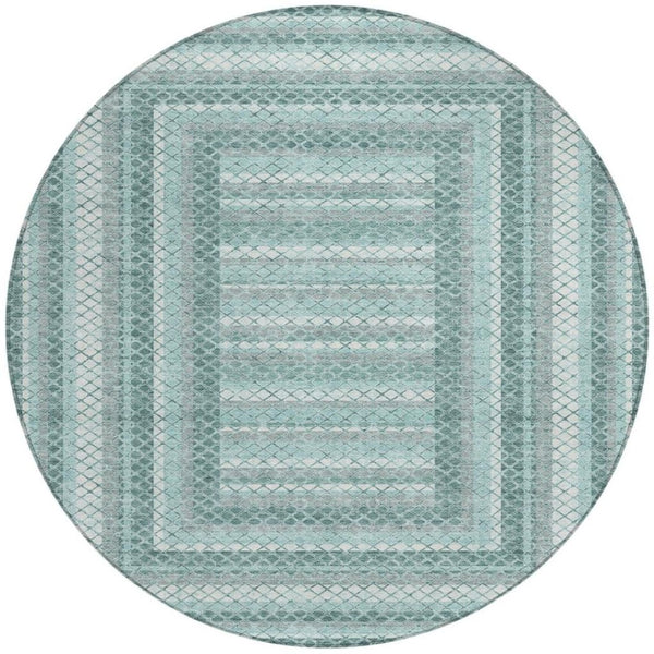 HomeRoots 5' Contemporary Teal Blue and Ivory Geometric Washable Area Rug for Indoor and Outdoor Spaces 8' Round 628982