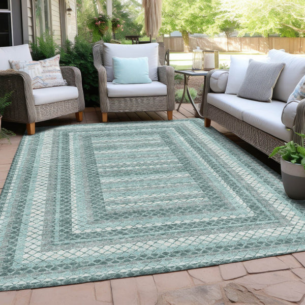 HomeRoots 5' Contemporary Teal Blue and Ivory Geometric Washable Area Rug for Indoor and Outdoor Spaces 8' X 10' 628983