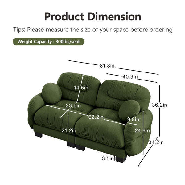 English Elm Pleated Chenille Two Seater Modular Sofa with Curved Armrests and Ergonomic Foam Cushions Green W5656S00046