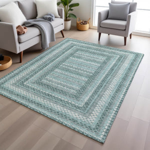 HomeRoots 5' Contemporary Teal Blue and Ivory Geometric Washable Area Rug for Indoor and Outdoor Spaces 9' X 12' 628984
