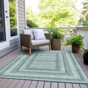 HomeRoots 5' Contemporary Teal Blue and Ivory Geometric Washable Area Rug for Indoor and Outdoor Spaces 10' X 14' 628985