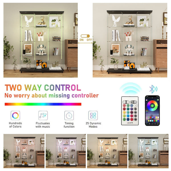 English Elm Tempered Glass Display Cabinet With Bluetooth Led Lights, Lockable Door, Mobile Design For Home & Office W3155S00011-GIGA