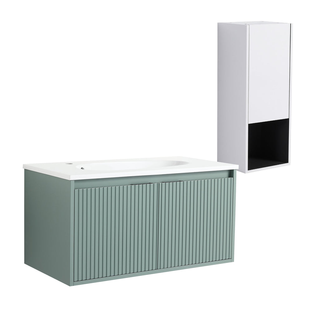 English Elm 36" Floating Bathroom Vanity with Drop-Shaped Resin Sink, Side Cabinet, Soft-Close Doors, Water-Resistant Finish W999S00332
