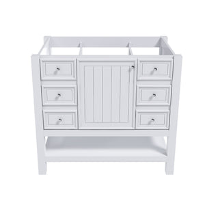English Elm 36-inch white bathroom vanity without sink — solid wood frame, 1 cabinet, 3 drawers, quiet hardware, shelf W509P347341